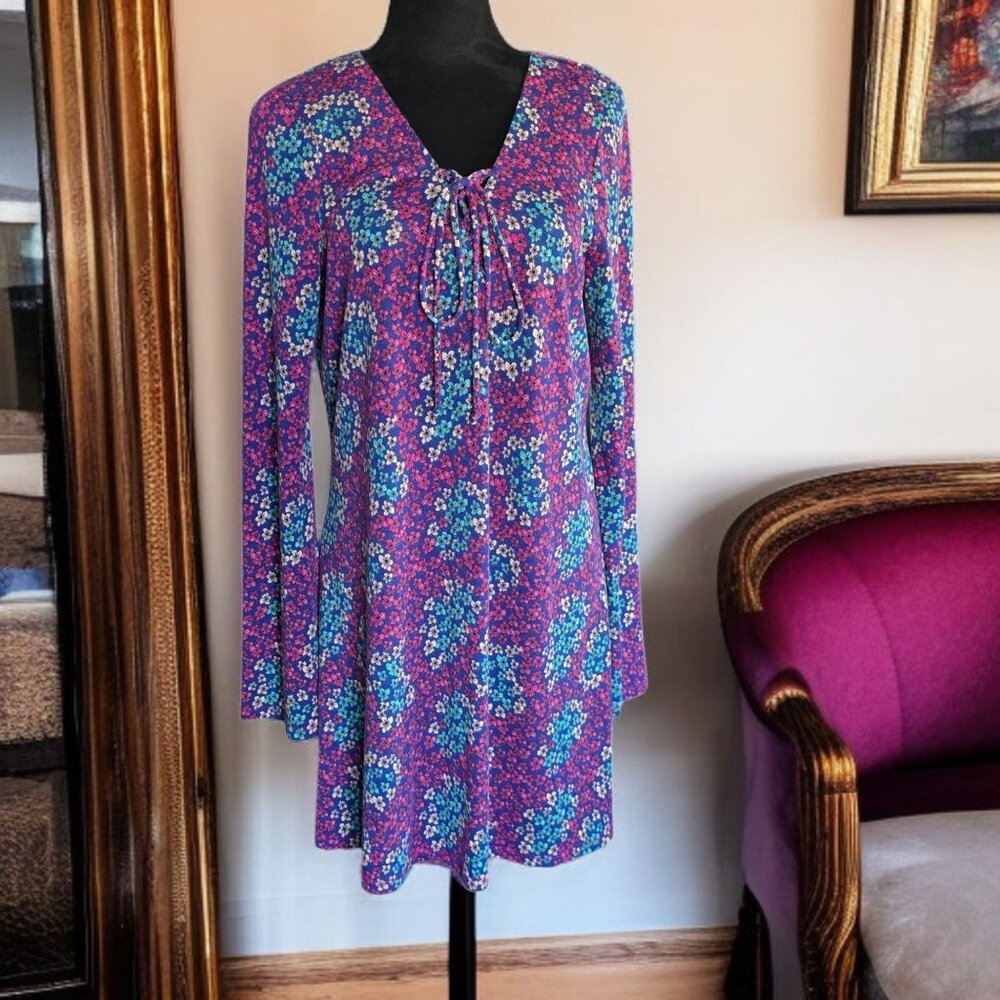 SELF ESTEEM ( XL ) Bohemian Floral Long Bell Sleeve V-Neck/Tie Dress